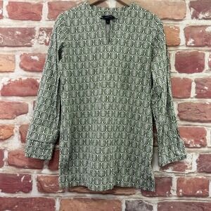 Lands End Tunic Top Women's Small Green White Boho Abstract Leaves Blouse Shirt
